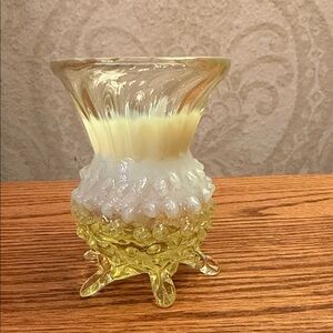Vintage Hobnail Topaz Opalescent Vaseline Glass bud vase.